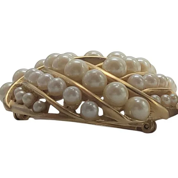 Vintage Gold-Tone Faux Pearl Swirl Brooch Pinback Elegant Design - Picture 10 of 11
